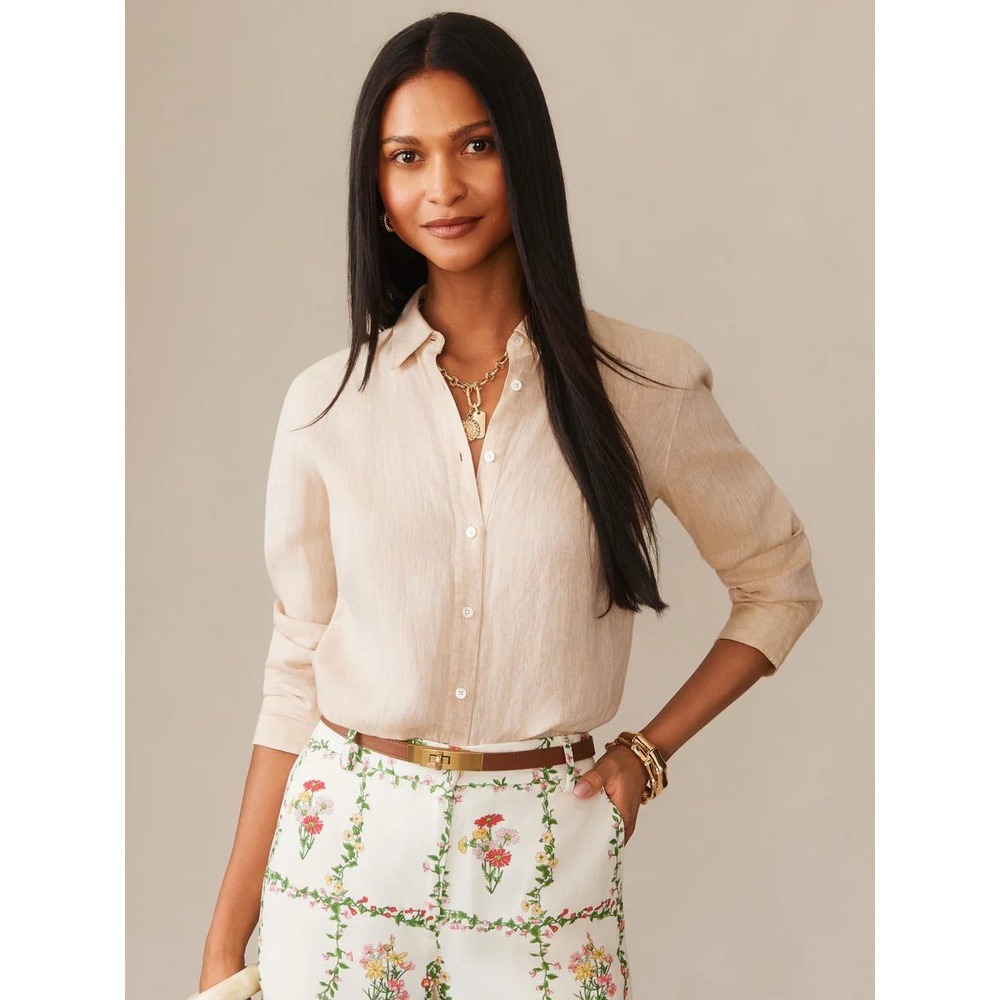 J. McLaughlin Linen Button Down Shirt Beige Long Sleeve Blouse Top